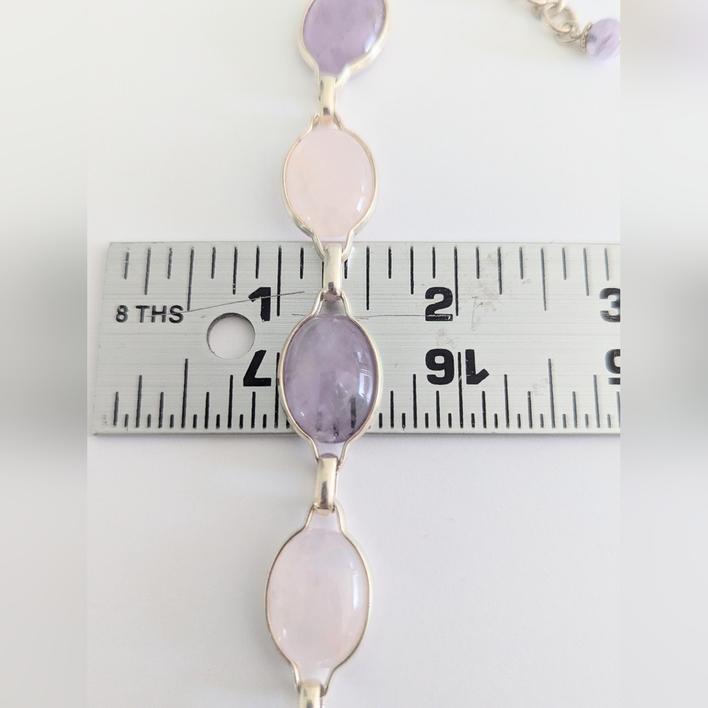 Vintage '90s Amethyst & Rose Quartz Cabochon Linked Sterling Silver Bracelet - Picture 14 of 15